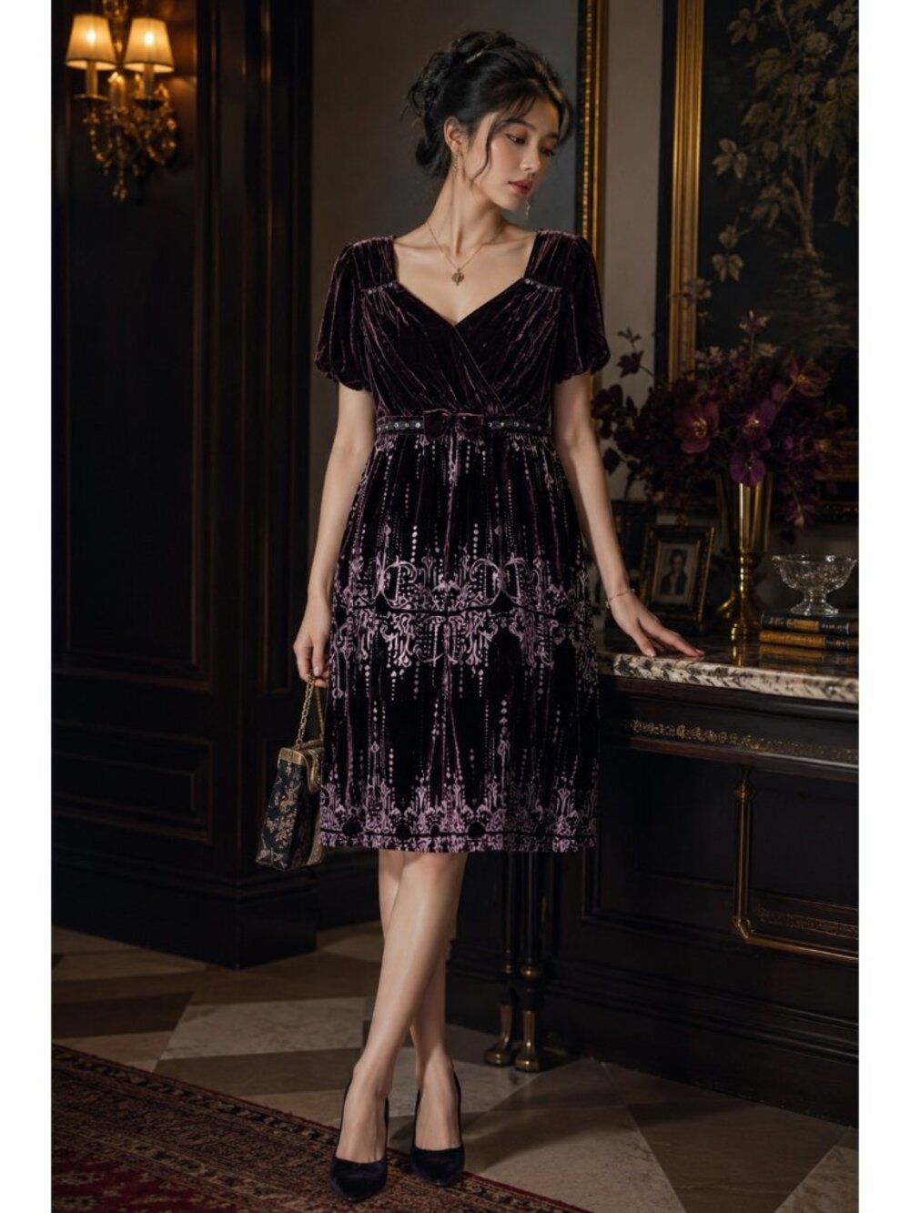 Moiselle Mulberry Silk Velvet Embellished Empire Dress US 2 IT 38 Plum Purple Lu